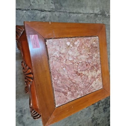 443 - Classical Style Square Side Table, with Carvings, Cabriole Legs and Inset Marble Effect Top