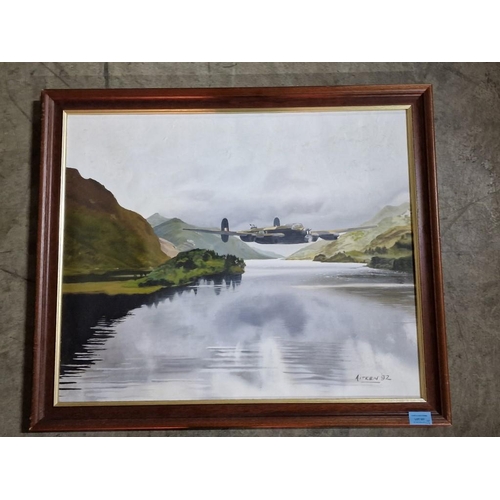 806 - Vintage Acrylic Painting on Canvas of Lancaster Bomber Flying Low Over Mohne Dam, Signed Lower Right... 