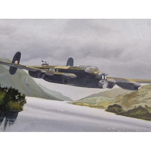 806 - Vintage Acrylic Painting on Canvas of Lancaster Bomber Flying Low Over Mohne Dam, Signed Lower Right... 