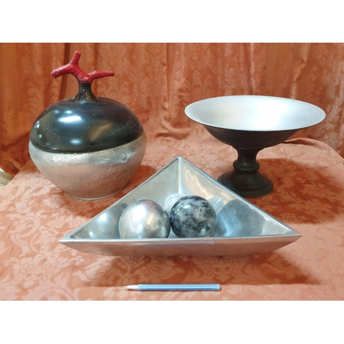 811 - Metallic Stone Effect Pedestal Bowl, Triangular Bowl with Decorative Balls Together with Lidded Bowl... 