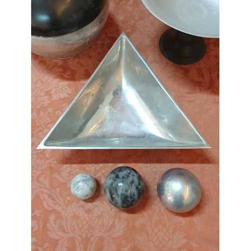 811 - Metallic Stone Effect Pedestal Bowl, Triangular Bowl with Decorative Balls Together with Lidded Bowl... 