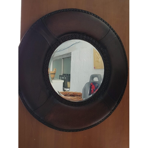 183 - Brown Leather Round Studded Frame Wall Mirror (Ø74cm)