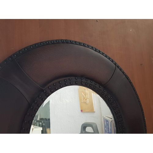 183 - Brown Leather Round Studded Frame Wall Mirror (Ø74cm)