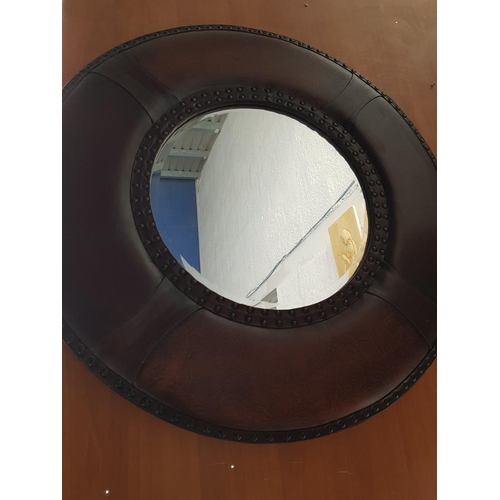 183 - Brown Leather Round Studded Frame Wall Mirror (Ø74cm)