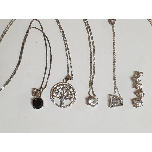 281 - 5 x Different Silver Necklaces with Pendants Decorated with Crystal,