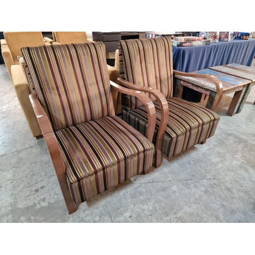 138A - Pair of Art Deco Bentwood Style Armchairs with Striped Padded Fabric Seat & Back Rests and Curved Wo... 