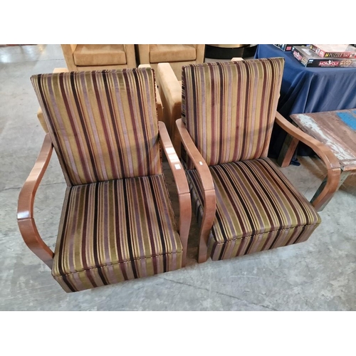 138A - Pair of Art Deco Bentwood Style Armchairs with Striped Padded Fabric Seat & Back Rests and Curved Wo... 