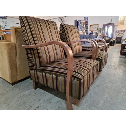 138A - Pair of Art Deco Bentwood Style Armchairs with Striped Padded Fabric Seat & Back Rests and Curved Wo... 