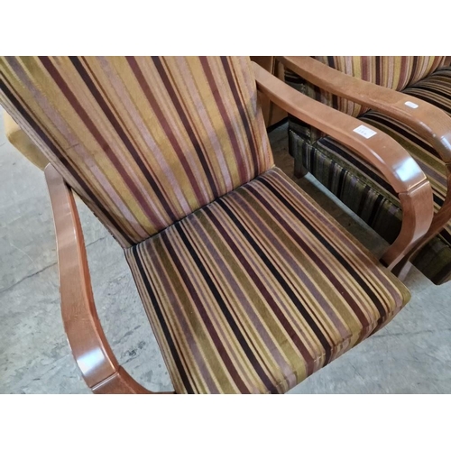 138A - Pair of Art Deco Bentwood Style Armchairs with Striped Padded Fabric Seat & Back Rests and Curved Wo... 