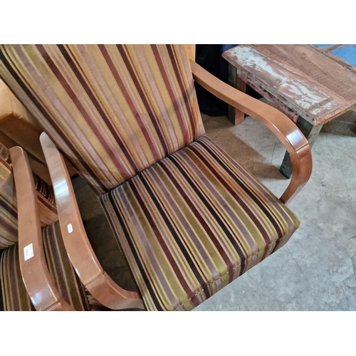 138A - Pair of Art Deco Bentwood Style Armchairs with Striped Padded Fabric Seat & Back Rests and Curved Wo... 