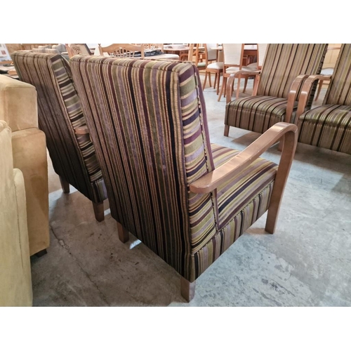 138A - Pair of Art Deco Bentwood Style Armchairs with Striped Padded Fabric Seat & Back Rests and Curved Wo... 