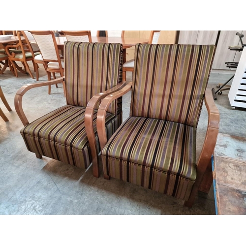 138B - Pair of Art Deco Bentwood Style Armchairs with Striped Padded Fabric Seat & Back Rests and Curved Wo... 