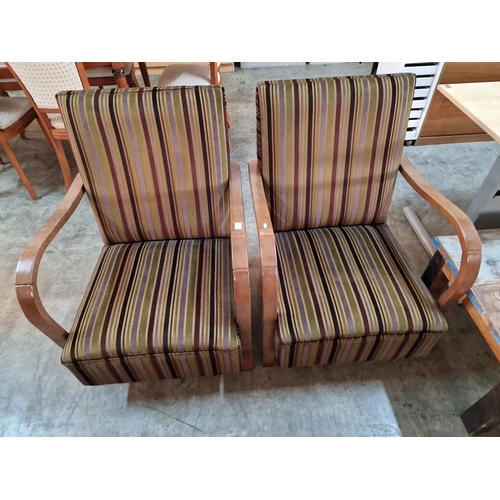 138B - Pair of Art Deco Bentwood Style Armchairs with Striped Padded Fabric Seat & Back Rests and Curved Wo... 