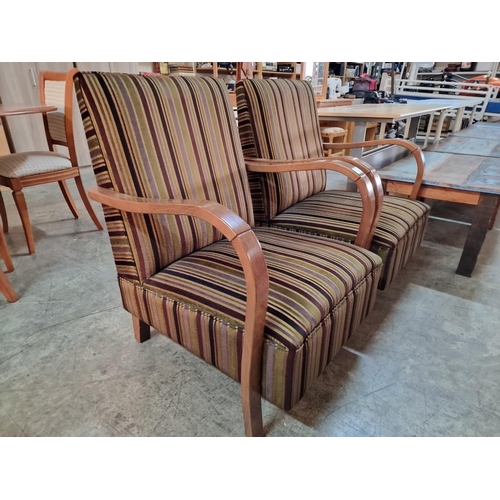 138B - Pair of Art Deco Bentwood Style Armchairs with Striped Padded Fabric Seat & Back Rests and Curved Wo... 