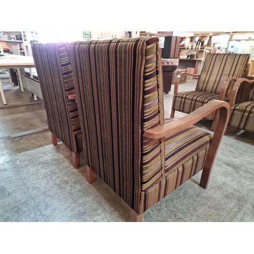 138B - Pair of Art Deco Bentwood Style Armchairs with Striped Padded Fabric Seat & Back Rests and Curved Wo... 