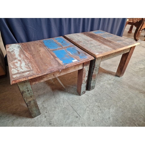 138C - 2 x Square Solid Wood Coffee / Side Tables with Distressed / Reclaimed Design, (Approx. 60 x 60 x 46... 