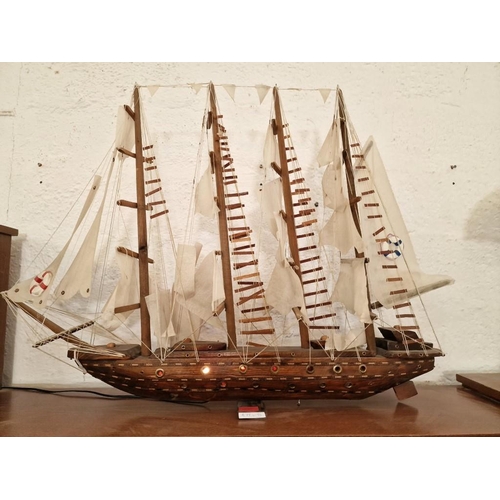 Large Wooden Model of a Boat / Ship, with 4-Masts and Fabric Sails,  Includes Lights in the Hull, (Ap