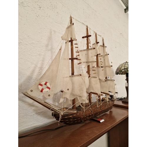 Large Wooden Model of a Boat / Ship, with 4-Masts and Fabric Sails