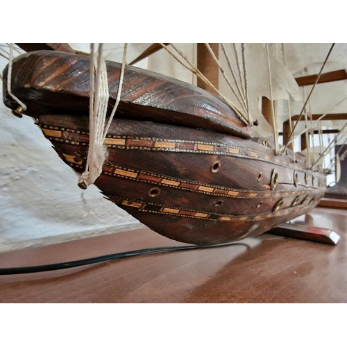 36 - Large Wooden Model of a Boat / Ship, with 4-Masts and Fabric Sails, Includes Lights in the Hull, (Ap... 