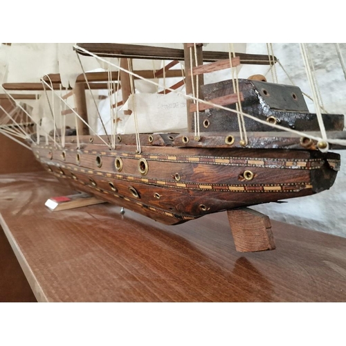 36 - Large Wooden Model of a Boat / Ship, with 4-Masts and Fabric Sails, Includes Lights in the Hull, (Ap... 