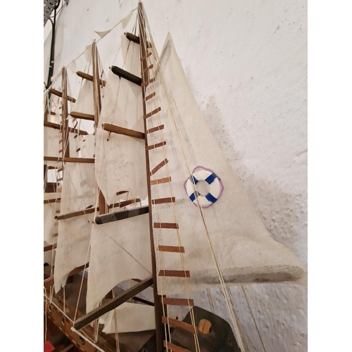 36 - Large Wooden Model of a Boat / Ship, with 4-Masts and Fabric Sails, Includes Lights in the Hull, (Ap... 