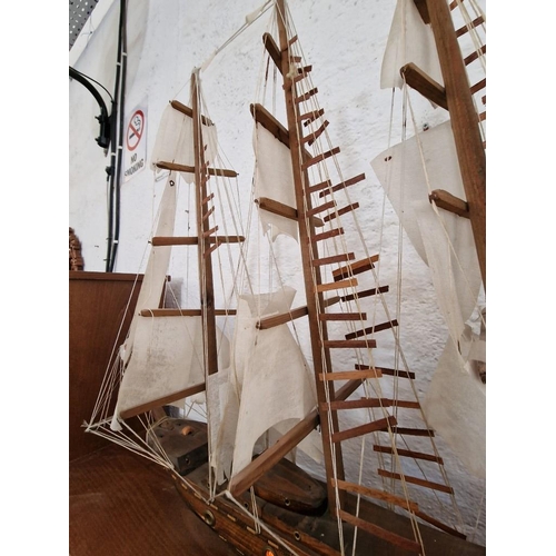 36 - Large Wooden Model of a Boat / Ship, with 4-Masts and Fabric Sails, Includes Lights in the Hull, (Ap... 