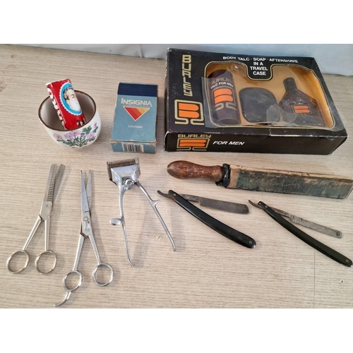 56 - Collection of Vintage Barber Items; Hair Clippers, 2 x Barbers Scissors, 2 x Cut Throat Razors and '... 