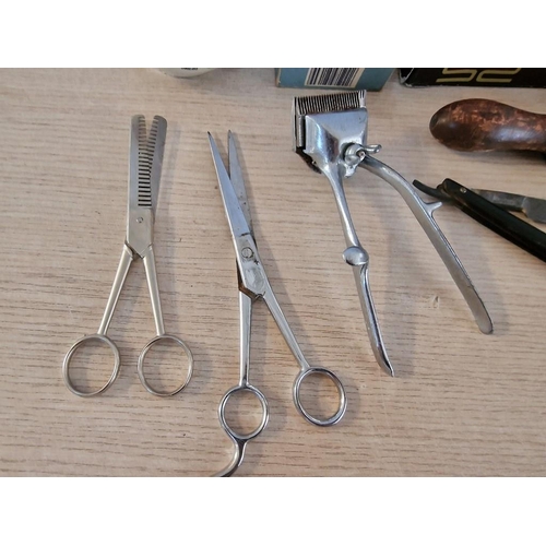 56 - Collection of Vintage Barber Items; Hair Clippers, 2 x Barbers Scissors, 2 x Cut Throat Razors and '... 