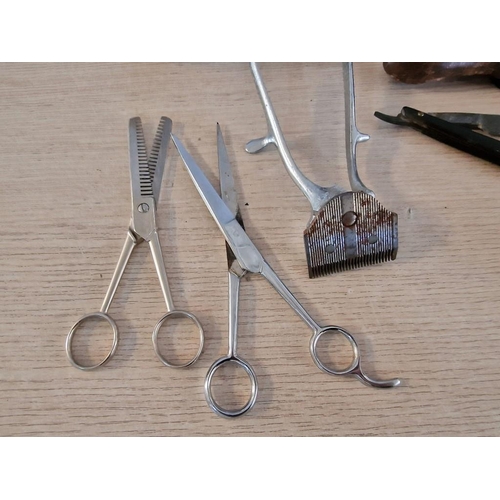 56 - Collection of Vintage Barber Items; Hair Clippers, 2 x Barbers Scissors, 2 x Cut Throat Razors and '... 