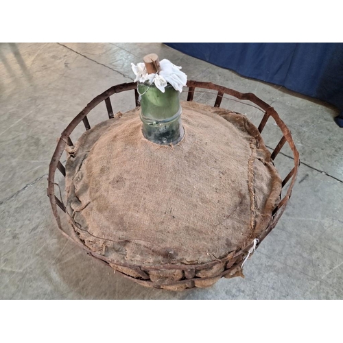 82 - Large Handblown Antique Green Glass Carboid / Demi John / Wine Jug in Metal Basket with Straw & Hess... 