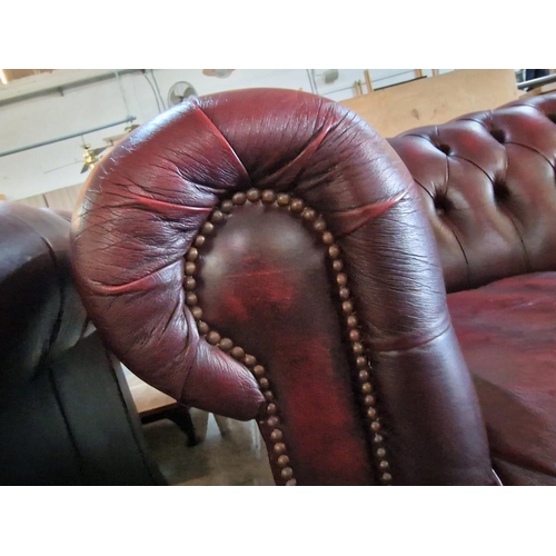 98 - Red Oxblood Leather Chesterfield Sofa, 3-Seater, Made in England (H:74cm x W:198cm x D:93cm)