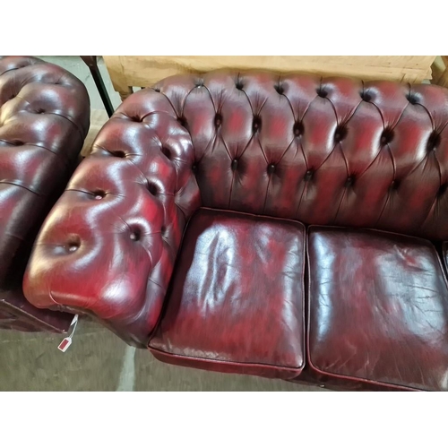 98 - Red Oxblood Leather Chesterfield Sofa, 3-Seater, Made in England (H:74cm x W:198cm x D:93cm)