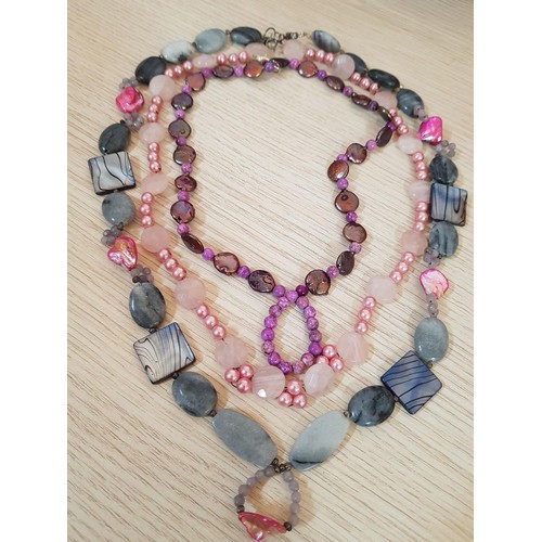 324 - 3 x Hand Made, Natural Stone and Pearls Necklaces (L:63cm, L:43cm & L:55cm)