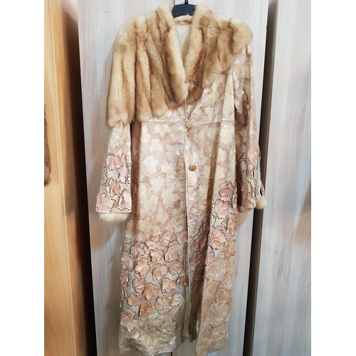 111 - Long Fur Leather Ladies Jacket, Beige Leather Embossed in Leaf Pattern and Decorated with Leather Le... 