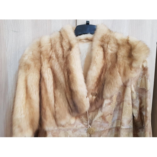 111 - Long Fur Leather Ladies Jacket, Beige Leather Embossed in Leaf Pattern and Decorated with Leather Le... 