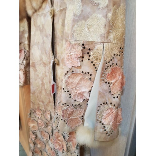 111 - Long Fur Leather Ladies Jacket, Beige Leather Embossed in Leaf Pattern and Decorated with Leather Le... 