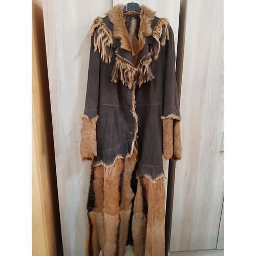 113 - Boho Leather Long Coat (Barbarian Fur Trimmed Style, Size S/M)