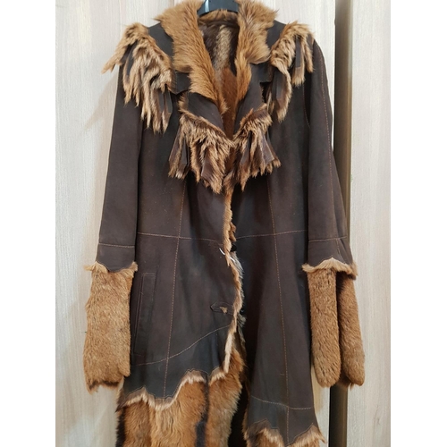 113 - Boho Leather Long Coat (Barbarian Fur Trimmed Style, Size S/M)