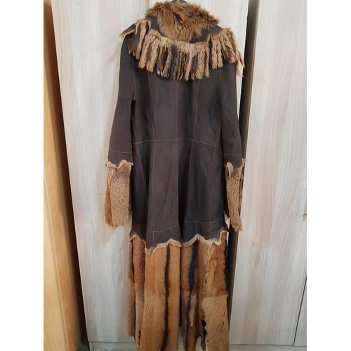 113 - Boho Leather Long Coat (Barbarian Fur Trimmed Style, Size S/M)