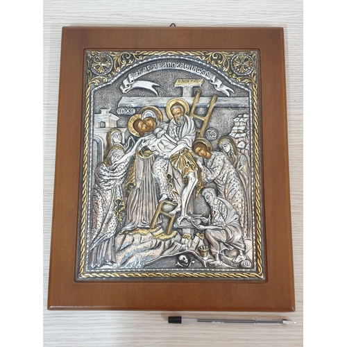 87 - The Descent from the Cross Silver and Hagiography Silver on Wood Orthodox Icon (24 x 32cm)