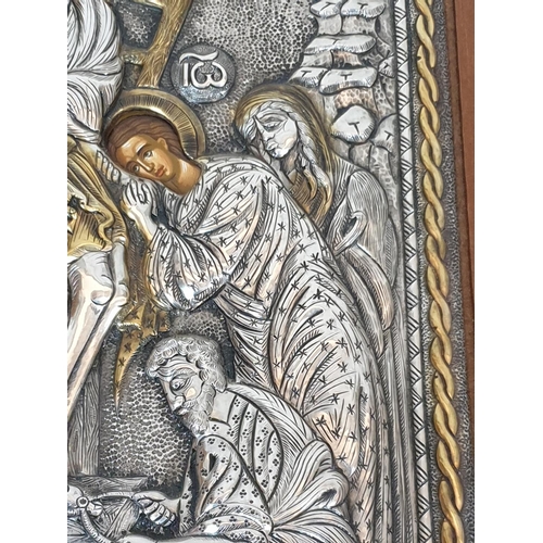 87 - The Descent from the Cross Silver and Hagiography Silver on Wood Orthodox Icon (24 x 32cm)