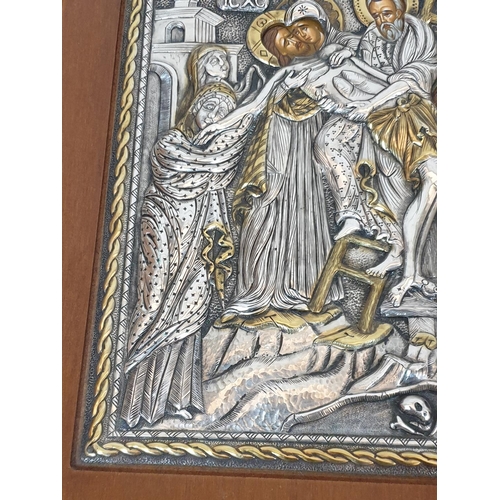 87 - The Descent from the Cross Silver and Hagiography Silver on Wood Orthodox Icon (24 x 32cm)