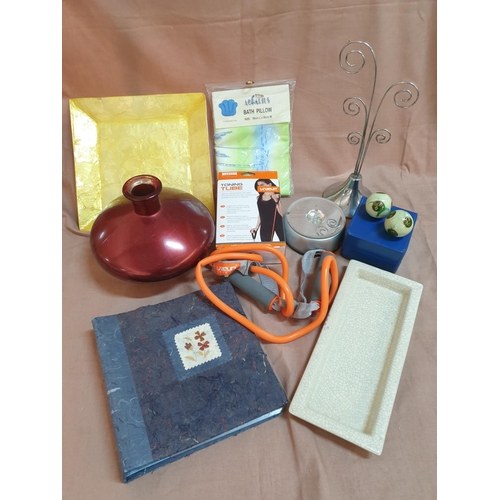 499 - Collection of Assorted Items; Ornaments, Vases, 2 x Trays, Bath, Pillow, Retro Photo Album, Toning T... 