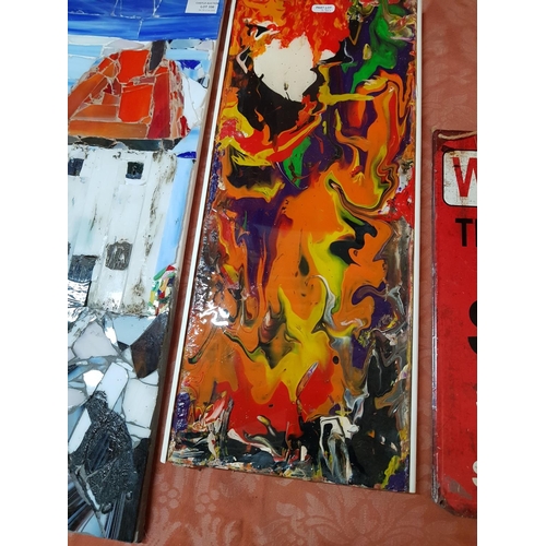 330 - Hand Made Glass Picture of Abstract Village House on Canvas, Together with Acrylic Painting on Canva... 