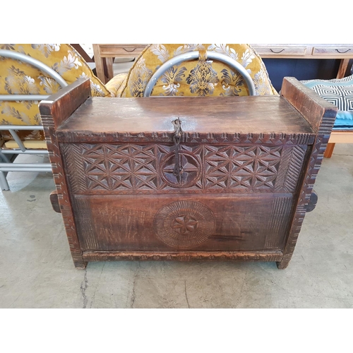 332 - Antique Solid Wood Chest / Trunk / Bench Seat with Heavily Carved Front and Metal Clasp, (Approx. 10... 