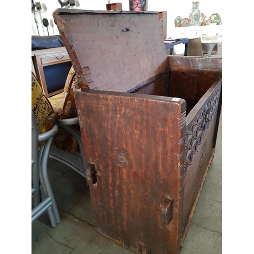 332 - Antique Solid Wood Chest / Trunk / Bench Seat with Heavily Carved Front and Metal Clasp, (Approx. 10... 