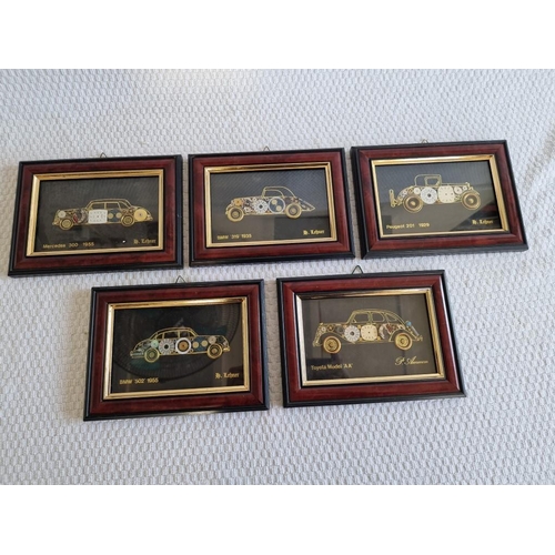 149 - Collection / Set of 5 x Wood Framed Pictures of Vintage Cars Made up from Watch / Clock Parts, (see ... 