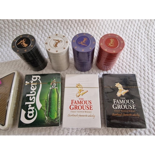 617 - 2 x Packs of Famous Grouse Playing Cards and Poker Chips, Together with Carlsberg Cards and Triangul... 