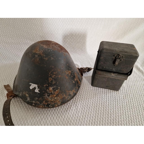 618 - Vintage Metal Military Helmet, Together with Metal Lunch Box / Container, (2)