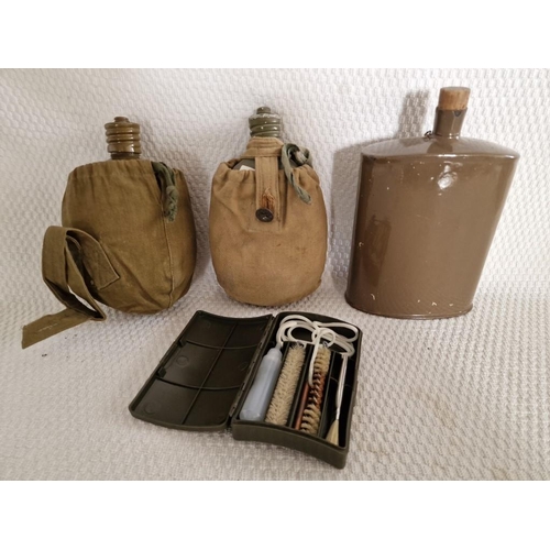 619 - Collection of Military Items; 3 x Water Carriers, Together with Gun Cleaning Kit, (4)